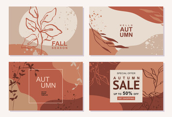 Autumn abstract cover templates or horizontal posters in modern minimal style. Vector illustration for corporate identity, invitation, social media advertising, sale, flyer, greeting card, leaflet