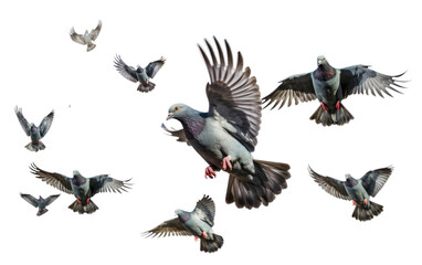 Flying Pigeons Birds in Motion Smoke and Flight on a Clear Surface or PNG Transparent Background.