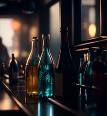 Bottles with alcoholic drinks in a cafe or restaurant. Color illustration for background. Picturesque portrait for the interior. Wall mural, poster or picture for home. Generative AI. - obrazy, fototapety, plakaty