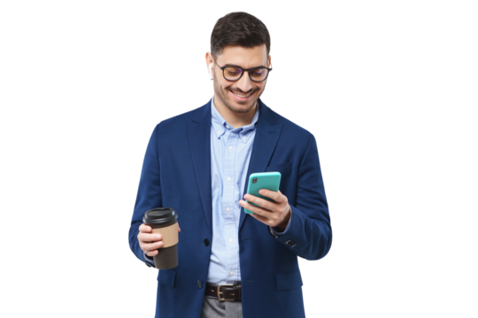 Businessman holding smartphone in one hand and takeaway coffee cup in another, looking at screen of phone