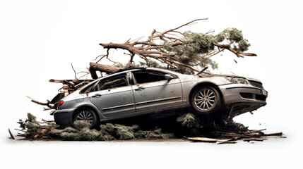 The car's roof is damaged by a falling tree in the image.