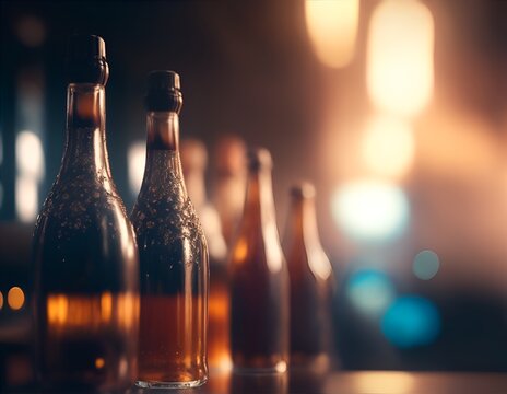 Bottles with alcoholic and non-alcoholic drinks in a cafe or restaurant. Color illustration for design projects. Photo wallpaper, poster, illustration for the catalog. Generative AI.