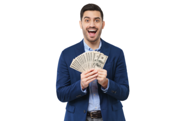 Young man holding fan of dollars in both hands, screaming with joy, winning money in lottery, feeling excited
