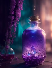 Obraz na płótnie Canvas A bottle or flask with a magical colored potion. Fairytale image. Full color illustration for design projects. Illustration for game projects. Generative AI.