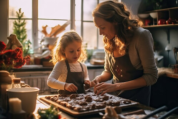 A woman and a little girl baking Christmas cookies in the kitchen