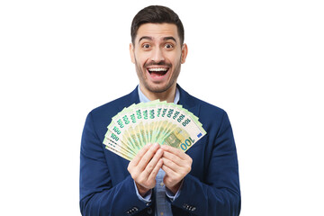 Young excited man shouting, he is lottery winner, holding euros in cash, shocked and happy