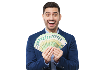 Young excited man shouting, he is lottery winner, holding euros in cash, shocked and happy