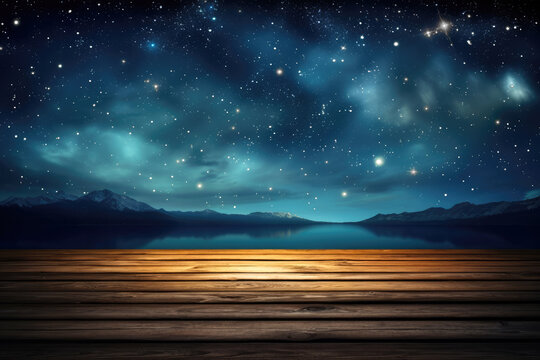 Wooden Table With Starry Night Sky And Mountain and lake landscape. Abstract Background. Ai Generated
