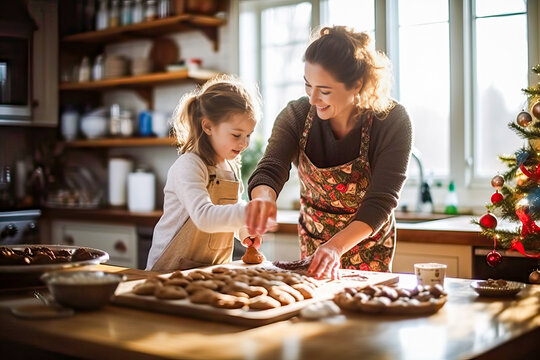 A woman and a little girl baking Christmas cookies together