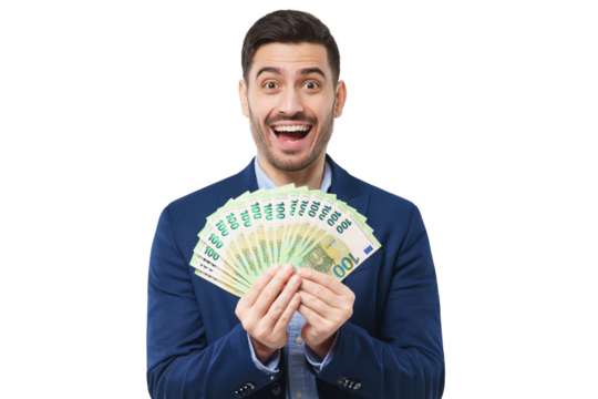 Young excited man shouting, he is lottery winner, holding euros in cash, shocked and happy