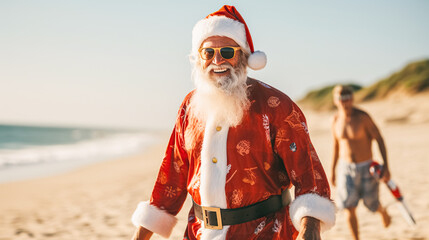 A handsome modern tanned man in Santa Claus costume walks along seashore on beach. Winter holidays...