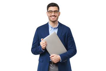 Smiling businessman looking at camera, holding closed laptop as if going to office