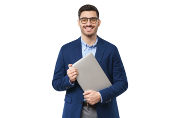 Smiling businessman looking at camera, holding closed laptop as if going to office