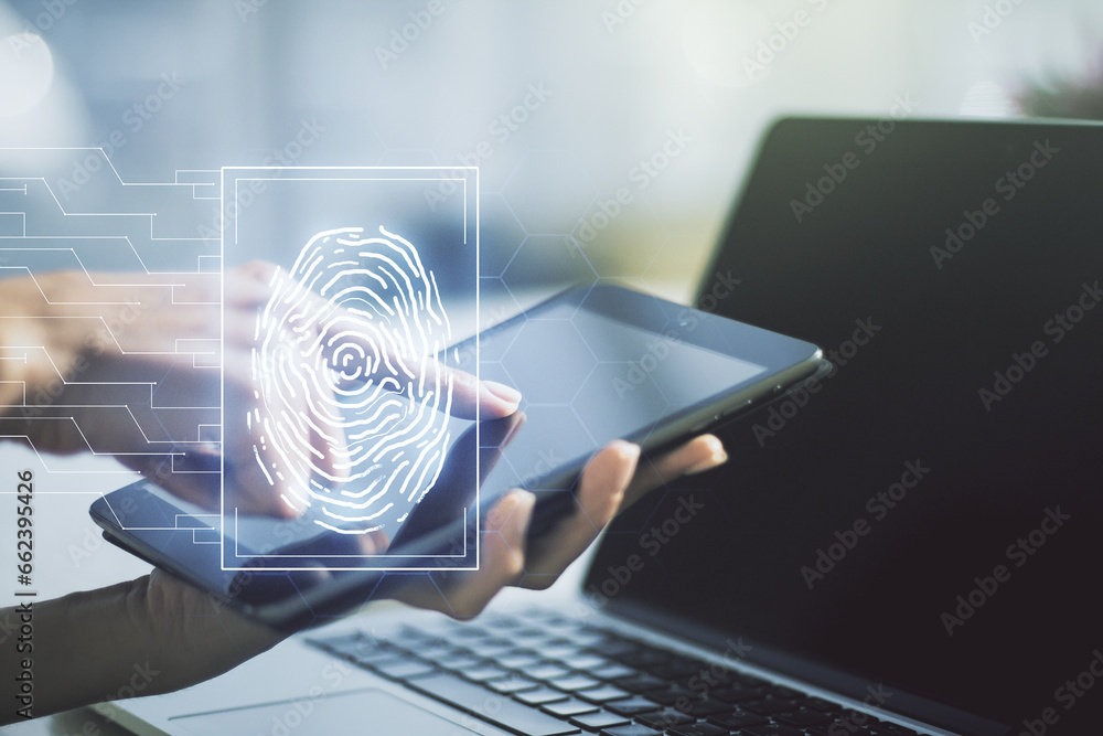 Aufkleber abstract creative fingerprint illustration with finger clicks on a digital tablet on background, per