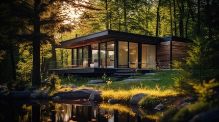 Ecological and modern house surrounded by nature, sustainability and care for the environment. Generative AI