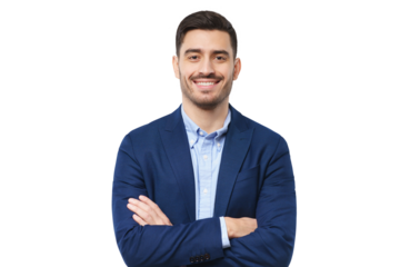 Businessman wearing blue casual shirt, standing with arms crossed, looking at camera with smile