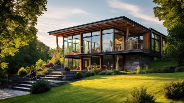 Ecological and modern house surrounded by nature, sustainability and care for the environment. Generative AI