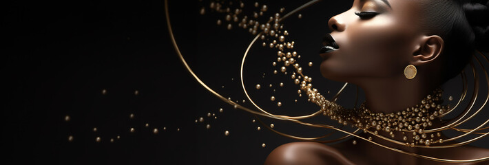 Jewelry fashion banner, woman in luxury creative golden pearls jewels, glamour female african American model with beauty face makeup wearing expensive gold stylish Jewelry on black background.