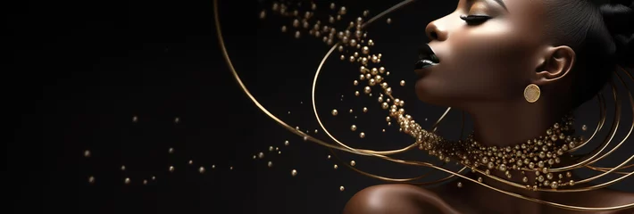 Foto op Plexiglas Jewelry fashion banner, woman in luxury creative golden pearls jewels, glamour female african American model with beauty face makeup wearing expensive gold stylish Jewelry on black background. © Jim1786