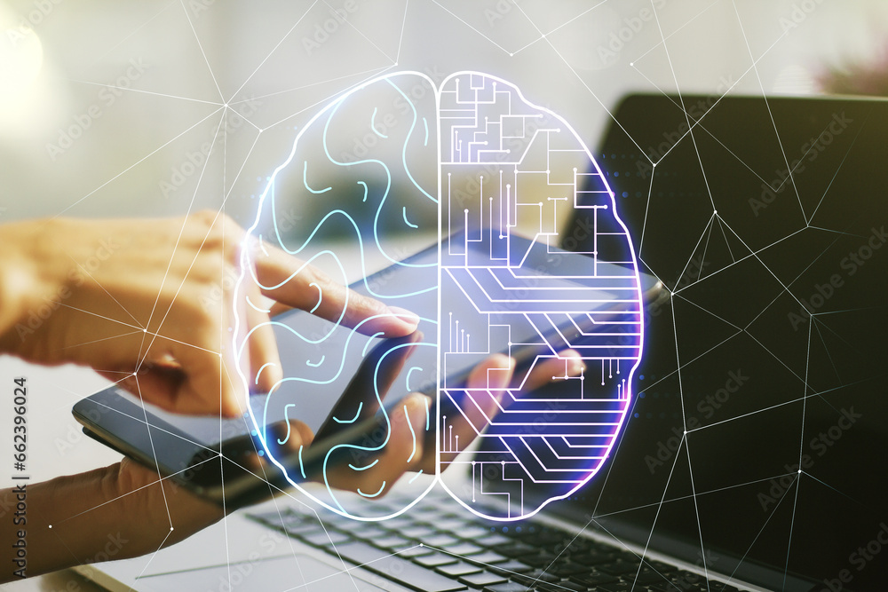 Aufkleber Double exposure of creative artificial Intelligence symbol with finger clicks on a digital tablet on background. Neural networks and machine learning concept