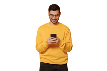 Young handsome man looking at phone screen, using social media app