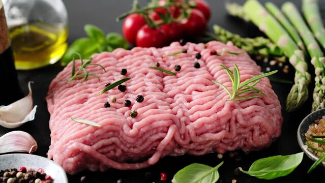 Minced meat. Fresh raw minced meat from turkey, pork, chicken, lamb or beef. 4k video