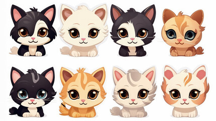 Fototapeta premium Cat portrait stickers with a selection of adorable cat breeds on a clean background.