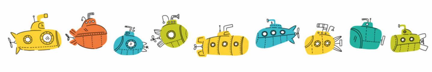 Vector, cute, horizontal collection of various submarines hand-drawn in doodle style