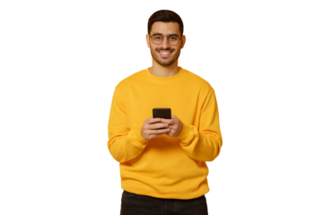 Young handsome man wearing yellow sweatshirt, standing in front of camera with phone in hands