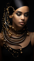 Jewelry fashion, woman in luxury creative golden pearls jewels, glamour female african American model with beauty face makeup wearing expensive gold stylish Jewelry on black background.