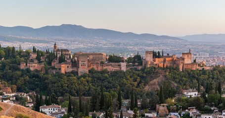Fototapeta na wymiar Panoramic view of the Alhambra at dusk in Granada, Spain