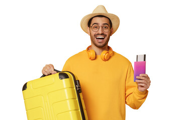 Travel man concept. Young male student traveller holding passport with flight tickets and yellow suitcase