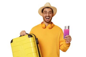 Travel man concept. Young male student traveller holding passport with flight tickets and yellow suitcase
