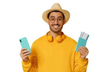 Young man student tourist holding passport and phone with travel app for buying tickets online