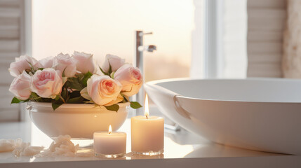 Obraz na płótnie Canvas An elegant white bathroom with a modern vessel sink, adorned with roses and scented candles, creating a romantic Zen atmosphere.