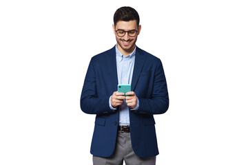 Happy smiling young businessman wearing blue suit, looking at phone screen, chatting online,...