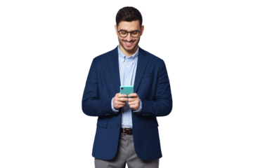 Happy smiling young businessman wearing blue suit, looking at phone screen, chatting online, surfing the internet