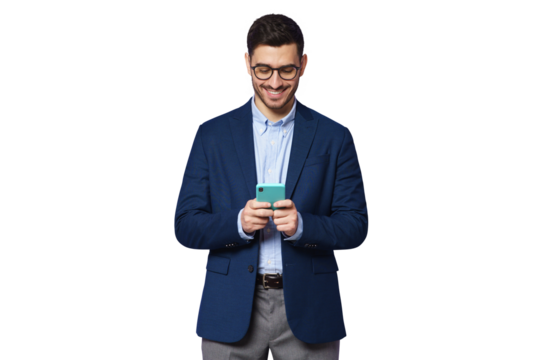 Happy smiling young businessman wearing blue suit, looking at phone screen, chatting online, surfing the internet