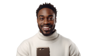 Happy Influencer Digital Connection with Mobile Selfie on a Clear Surface or PNG Transparent Background.