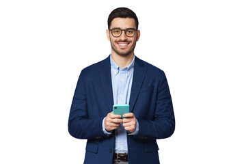 Young businessman or corporate worker holding phone, looking at camera with happy smile