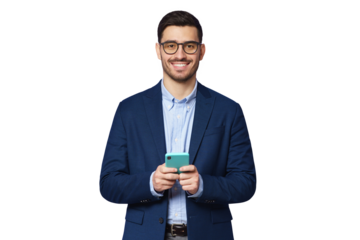 Young businessman or corporate worker holding phone, looking at camera with happy smile