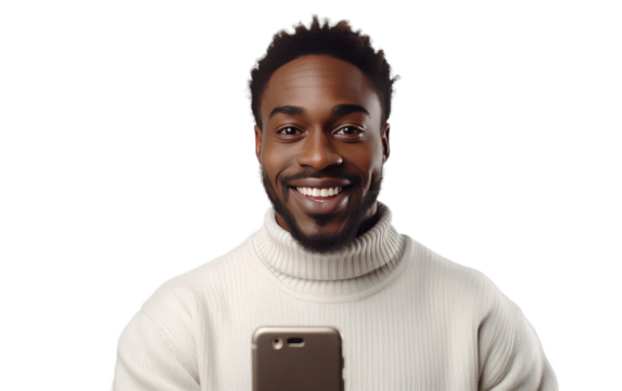 Happy Influencer Digital Connection with Mobile Selfie on a Clear Surface or PNG Transparent Background.