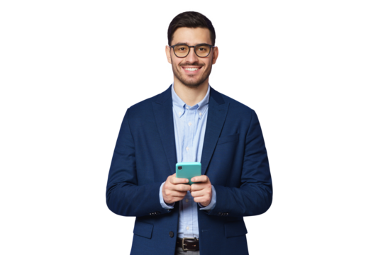 Young businessman or corporate worker holding phone, looking at camera with happy smile