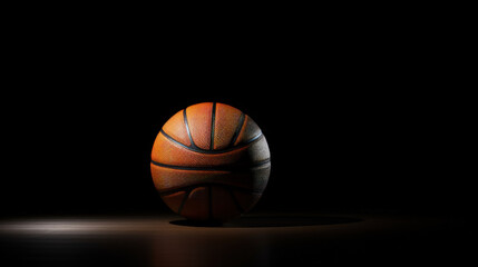 An artistic and minimalistic image featuring a dark basketball set against a solid black background, creating a sense of stark contrast and simplicity.