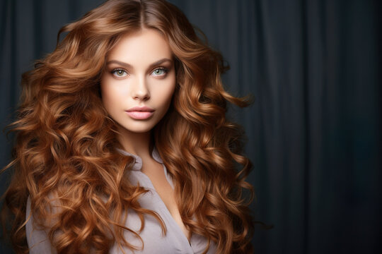 A beautiful woman with long red curly hair, brunete brazilian woman, Balayage Promo.