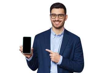 Handsome businessman showing blank phone screen and pointing to it with finger, copy space for your financial app