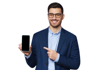 Handsome businessman showing blank phone screen and pointing to it with finger, copy space for your financial app