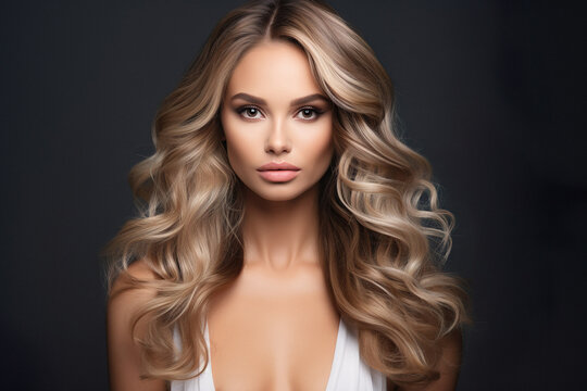 A beautiful woman with long blonde curly hair, brunete brazilian woman, Balayage Promo.