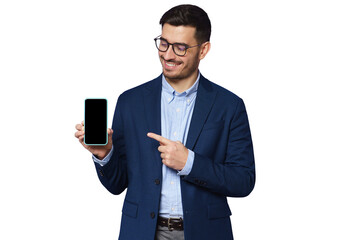 Handsome businessman showing blank phone screen and pointing with finger, copy space for your financial app - obrazy, fototapety, plakaty