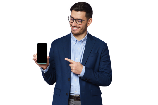 Handsome businessman showing blank phone screen and pointing with finger, copy space for your financial app